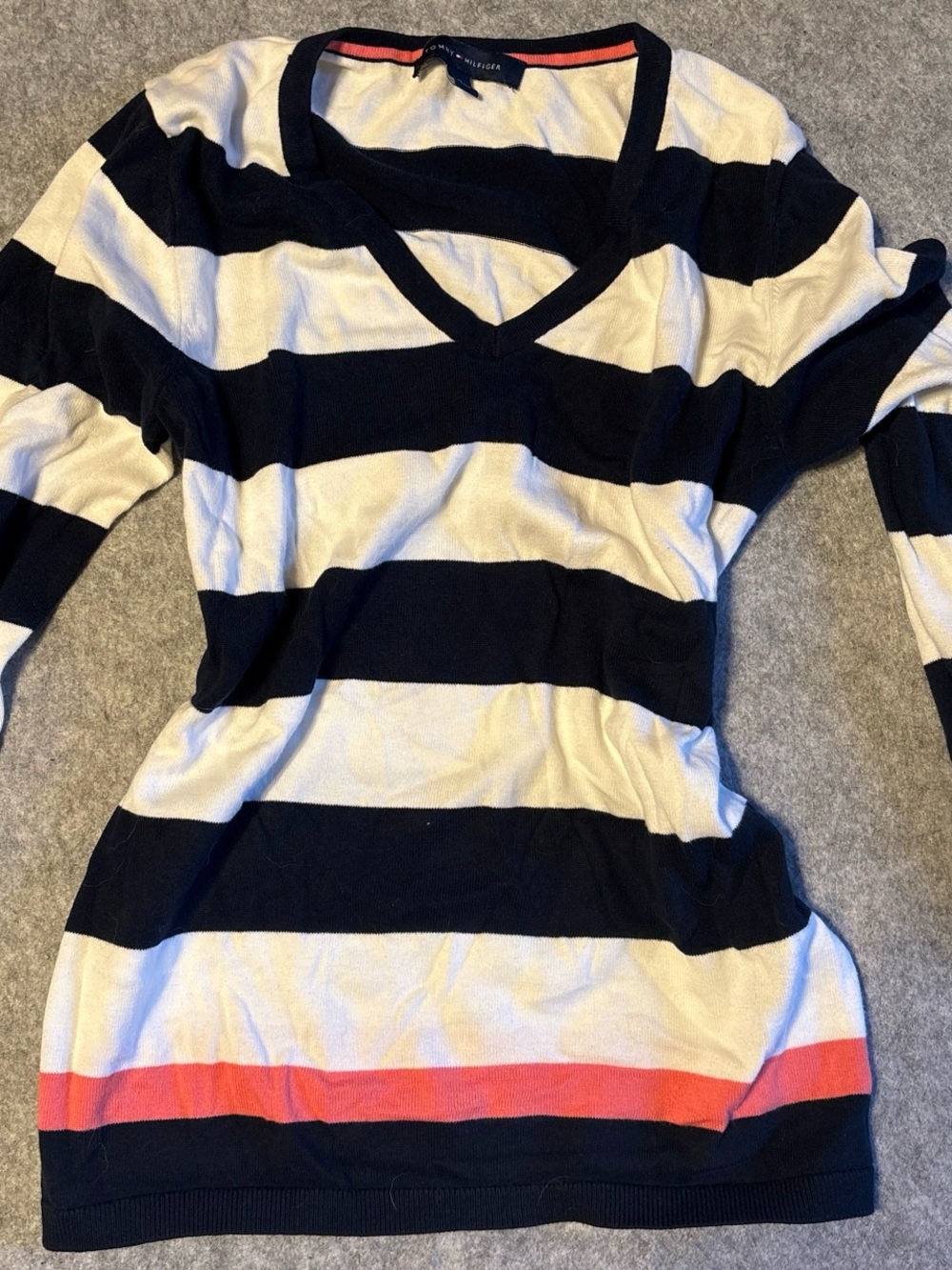 Tommy Hilfiger Navy, White & Coral Striped V-Neck Sweater